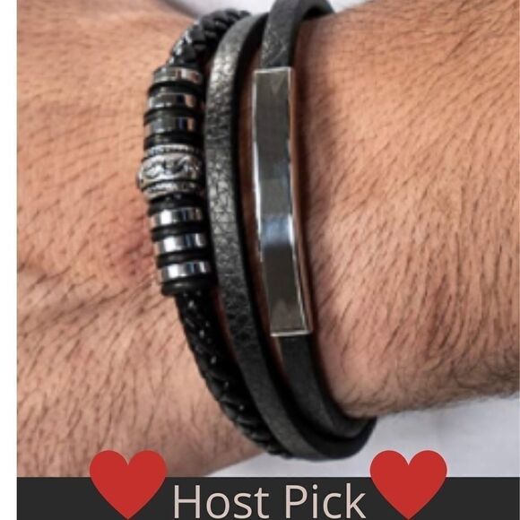 🎉HP🎉Men’s Black Leather Triple Strand Steel Bracelet - Picture 1 of 6